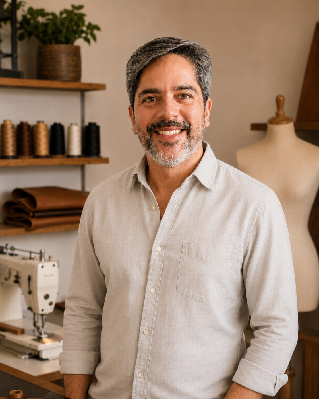 Edu Góis, professor de costura de bolsas, em seu ateliê